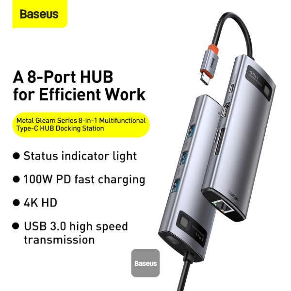 Baseus USB-C Multi-Port Hub 3xUSB + HDMI1.4 + RJ45 + Card Reader + 1xUSB-C with Power Delivery 4